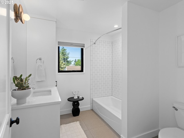 full bath with toilet, baseboards,  shower combination, and double vanity