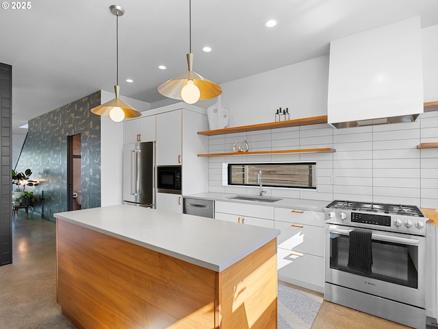 kitchen with appliances with stainless steel finishes, wallpapered walls, open shelves, modern cabinets, and a sink