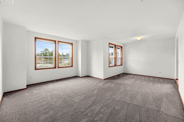 unfurnished room with plenty of natural light, baseboards, and carpet floors