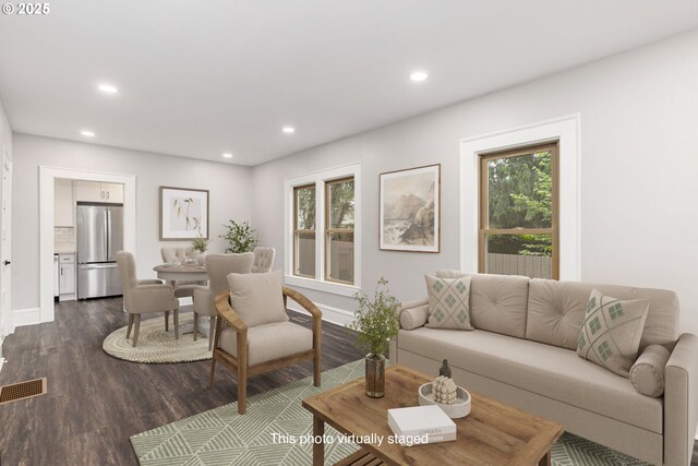 9605 N Hodge Ave, Portland, OR 97203 - living area with dark wood-style flooring, plenty of natural light, recessed lighting, and baseboards