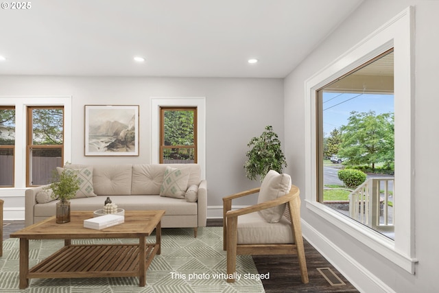 9605 N Hodge Ave, Portland, OR 97203 - living area with healthy amount of natural light, baseboards, recessed lighting, and wood finished floors