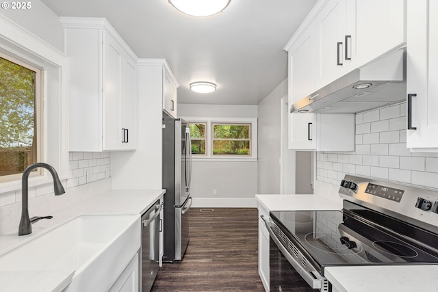 9605 N Hodge Ave, Portland, OR 97203 - kitchen with appliances with stainless steel finishes, under cabinet range hood, a sink, dark wood-style floors, and light countertops