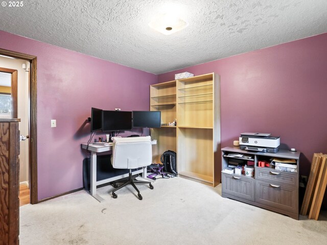 office space featuring light colored carpet and a textured ceiling