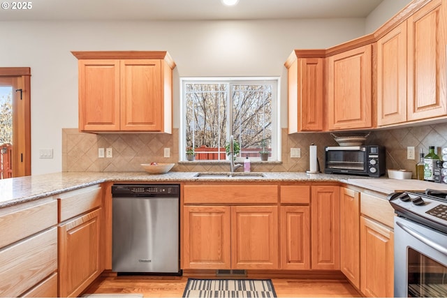 kitchen with stainless steel appliances, a sink, visible vents, light wood-type flooring, and backsplash