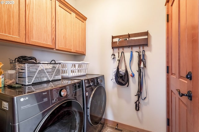 laundry room featuring cabinet space, washer and clothes dryer, and baseboards