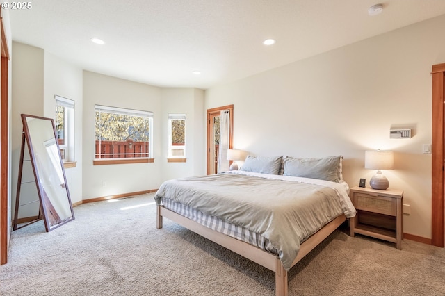 bedroom with recessed lighting, carpet, and baseboards