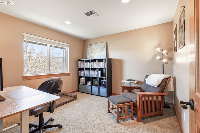 carpeted office with recessed lighting, visible vents, and baseboards