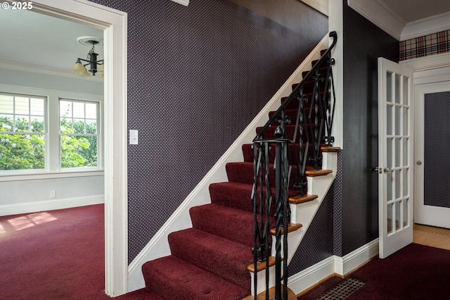 1856 SE Saint Andrews Dr, Portland, OR 97202 - staircase featuring ornamental molding, baseboards, and carpet flooring