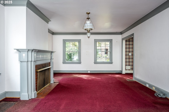 1856 SE Saint Andrews Dr, Portland, OR 97202 - unfurnished living room featuring carpet floors, a fireplace, baseboards, and ornamental molding