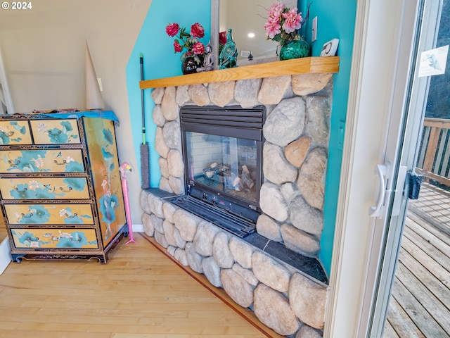 details featuring a fireplace and wood finished floors