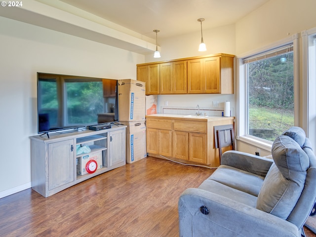 kitchen featuring pendant lighting, light wood finished floors, light countertops, open floor plan, and a sink