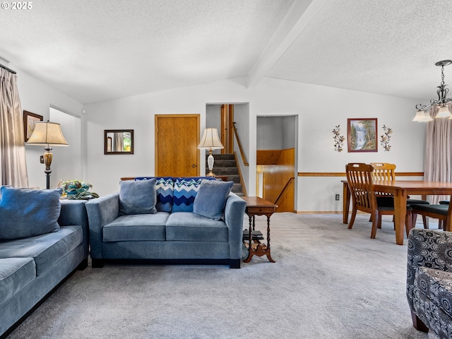 19085 SW Jaylee St, Beaverton, OR 97078 - living room featuring a textured ceiling, light carpet, stairs, and a chandelier