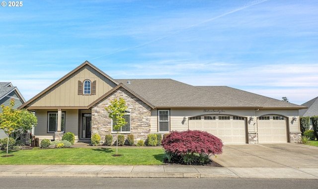 view of front of home with a garage, board and batten siding, driveway, and stone siding