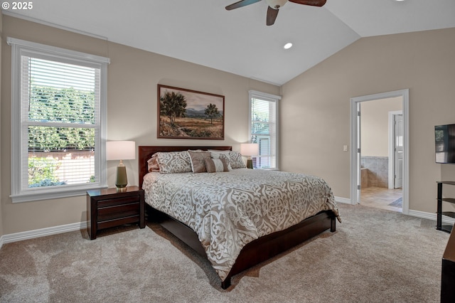 bedroom with carpet floors, a ceiling fan, baseboards, and vaulted ceiling