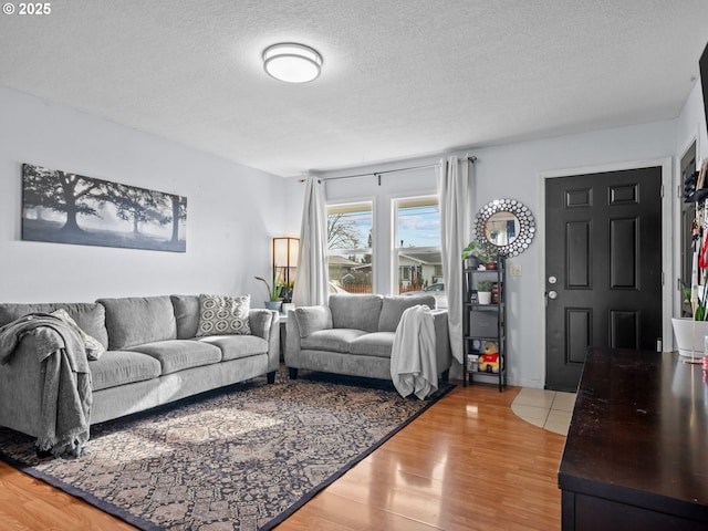 living room featuring hardwood / wood-style floors and a textured ceiling