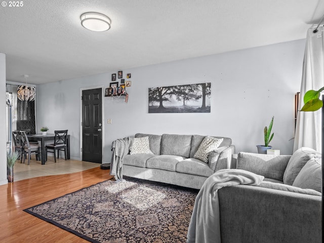 living room with hardwood / wood-style floors and a textured ceiling