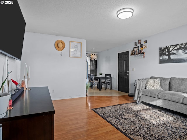 living room featuring a textured ceiling and light hardwood / wood-style flooring