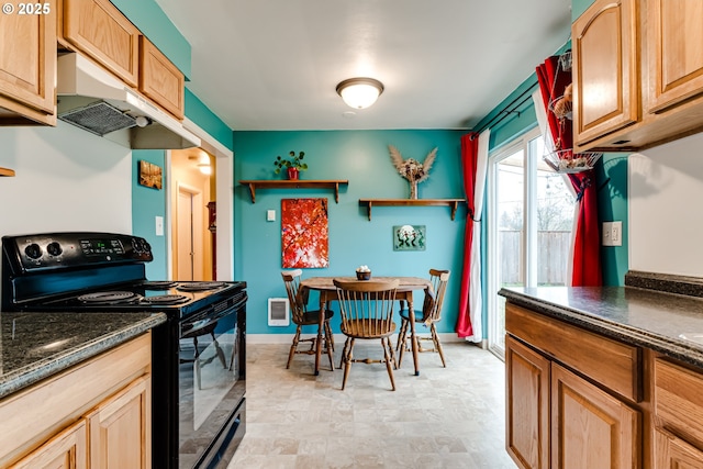 kitchen featuring under cabinet range hood and black range with electric stovetop