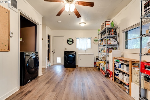 washroom with ceiling fan, light wood finished floors, and washer / clothes dryer