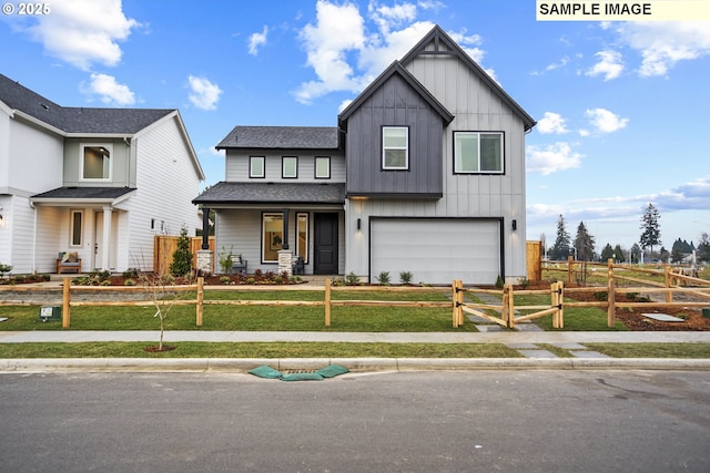 3033 Olympic St Unit 31, Woodburn, OR 97071 - modern inspired farmhouse featuring driveway, an attached garage, a front lawn, a fenced front yard, and board and batten siding
