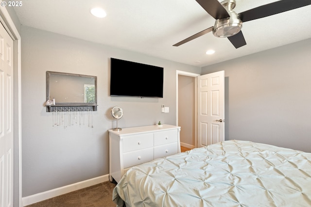 1448 S Grove Lane Ct, Sutherlin, OR 97479 - bedroom with dark colored carpet, recessed lighting, baseboards, and ceiling fan