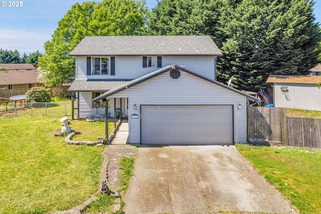 traditional home featuring concrete driveway, an attached garage, and roof with shingles