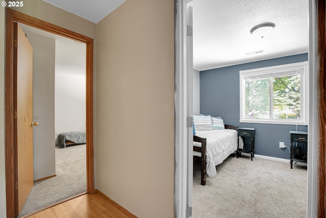 bedroom featuring carpet flooring, baseboards, and a textured ceiling