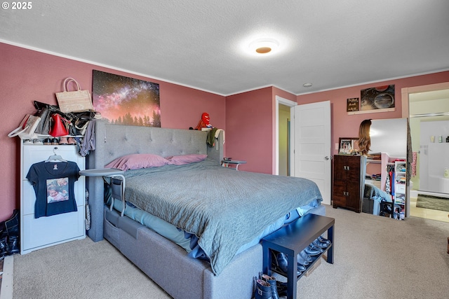 bedroom with carpet, a textured ceiling, and crown molding