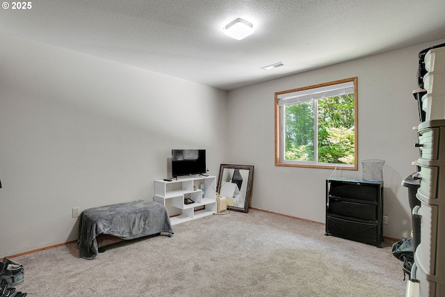 sitting room featuring carpet flooring, baseboards, and a textured ceiling