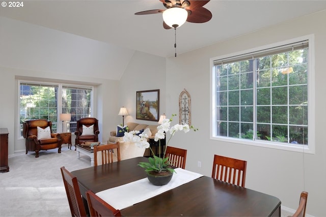 4506 Black Forest Ct, Lake Oswego, OR 97035 - dining space featuring healthy amount of natural light, light colored carpet, a ceiling fan, and lofted ceiling