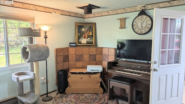 living area featuring a textured ceiling
