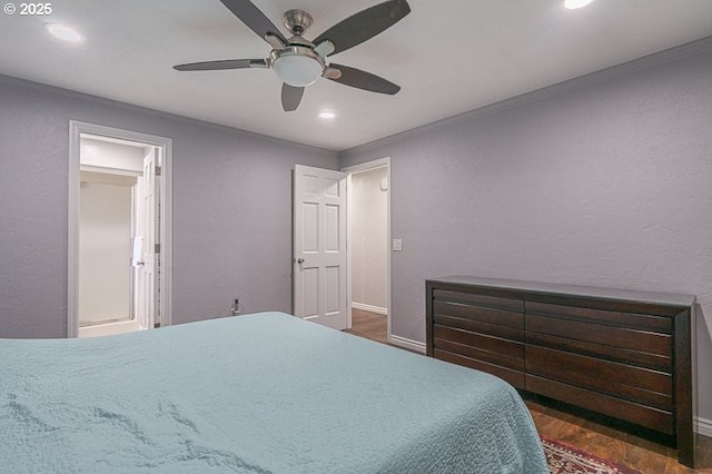 1216 Montgomery Pl NE, Albany, OR 97321 - bedroom featuring crown molding, wood finished floors, recessed lighting, ceiling fan, and baseboards