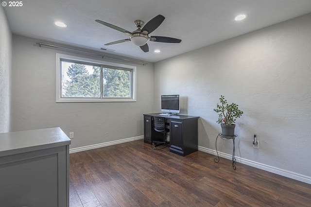 1216 Montgomery Pl NE, Albany, OR 97321 - office featuring dark wood-style floors, a ceiling fan, baseboards, and recessed lighting