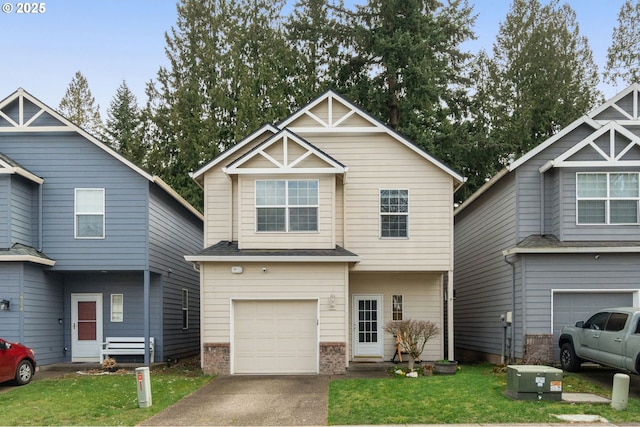 view of front of home featuring a front yard, brick siding, concrete driveway, and an attached garage