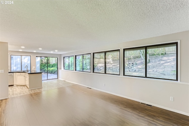 empty room with a healthy amount of sunlight, sink, and a textured ceiling