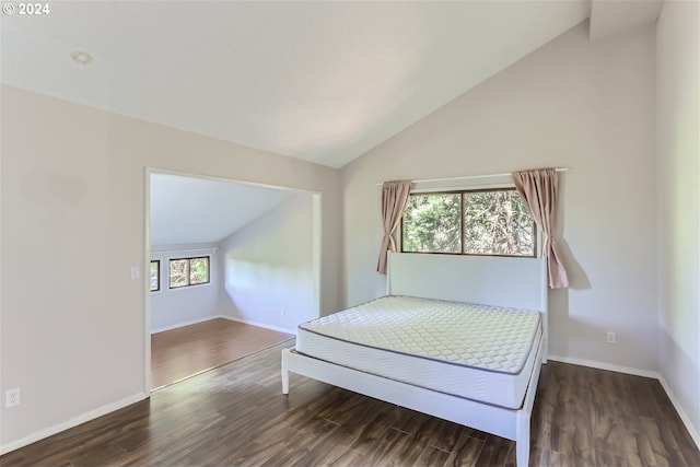 bedroom featuring lofted ceiling and dark hardwood / wood-style floors