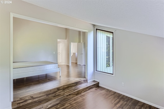 spare room with a healthy amount of sunlight, a textured ceiling, and dark hardwood / wood-style flooring