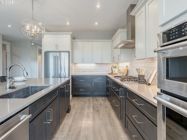 1703 S Farm View Loop, Ridgefield, WA 98642 - kitchen featuring appliances with stainless steel finishes, a sink, wall chimney range hood, white cabinetry, and recessed lighting