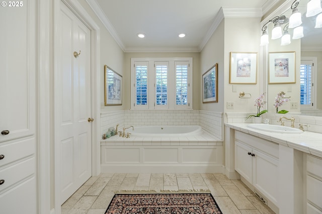 2943 Riverwalk Loop, Eugene, OR 97401 - bathroom with vanity, crown molding, plenty of natural light, a bath, and recessed lighting