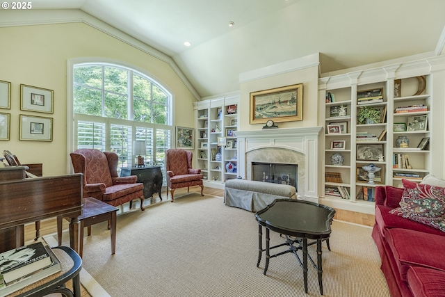 2943 Riverwalk Loop, Eugene, OR 97401 - living room featuring a premium fireplace, built in features, and high vaulted ceiling