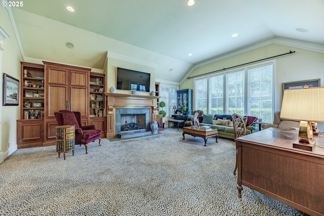 2943 Riverwalk Loop, Eugene, OR 97401 - living room featuring carpet flooring, vaulted ceiling, a fireplace with flush hearth, recessed lighting, and ornamental molding