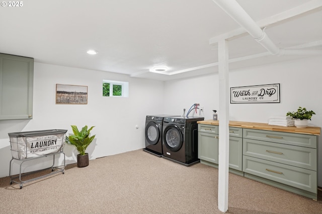152 S Palatine Hill Rd, Portland, OR 97219 - laundry room with washer and clothes dryer, carpet, cabinet space, and recessed lighting