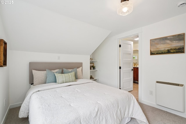 152 S Palatine Hill Rd, Portland, OR 97219 - bedroom with radiator heating unit, carpet flooring, and vaulted ceiling