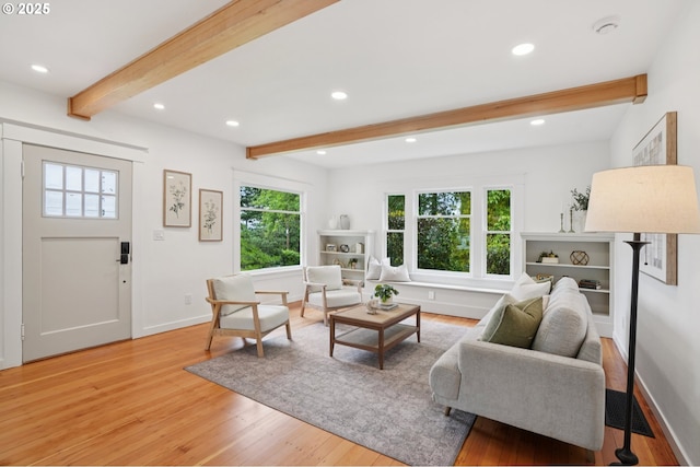152 S Palatine Hill Rd, Portland, OR 97219 - living area with light wood-style flooring, recessed lighting, and beamed ceiling
