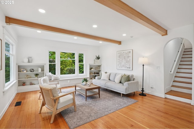 152 S Palatine Hill Rd, Portland, OR 97219 - living room featuring beamed ceiling, light wood-style flooring, recessed lighting, and stairs