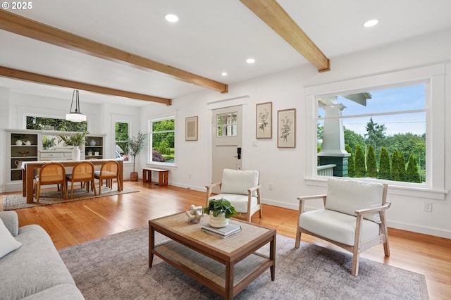 152 S Palatine Hill Rd, Portland, OR 97219 - living area with beam ceiling, light wood-style floors, and recessed lighting
