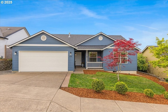 single story home with a shingled roof, a front lawn, a garage, concrete driveway, and covered porch