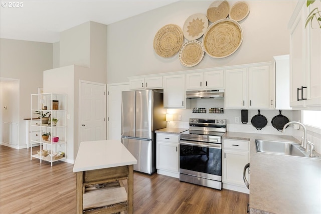 kitchen with a sink, a towering ceiling, appliances with stainless steel finishes, and under cabinet range hood
