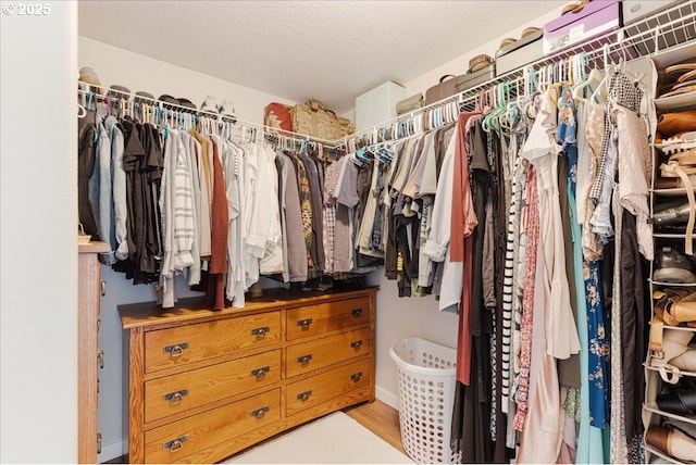 walk in closet with light wood-type flooring