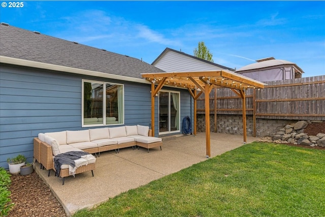 view of patio / terrace featuring an outdoor living space, fence, and a pergola